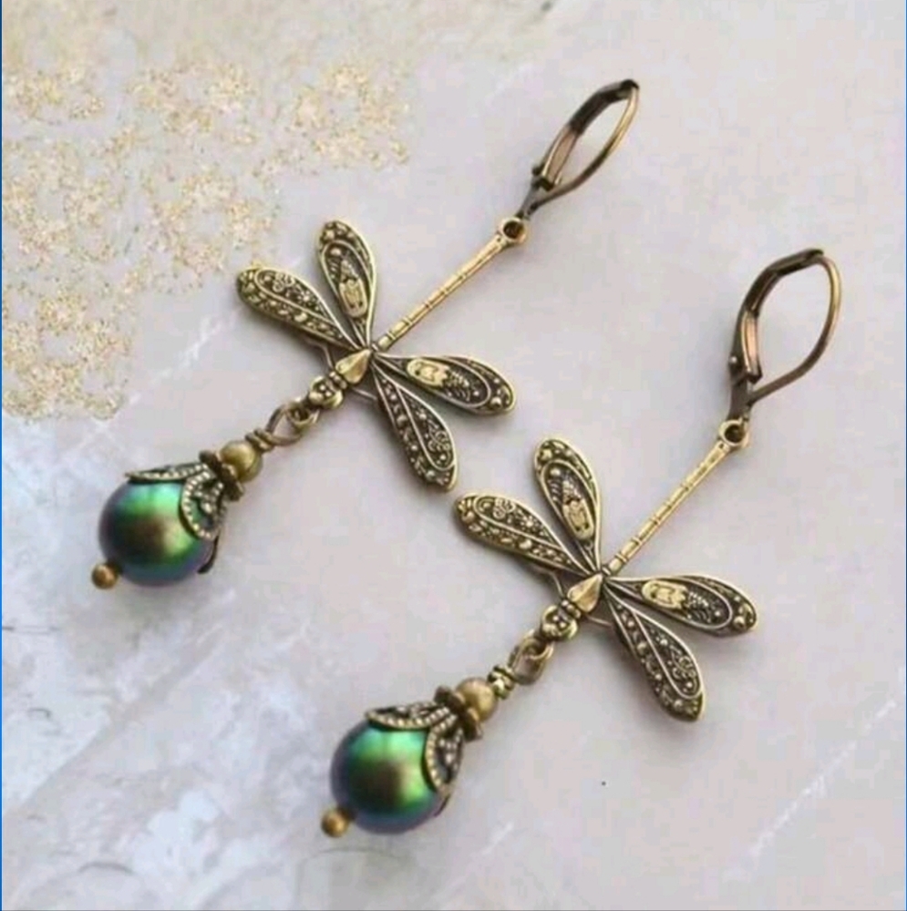 Antique Gold Dragonfly Earrings